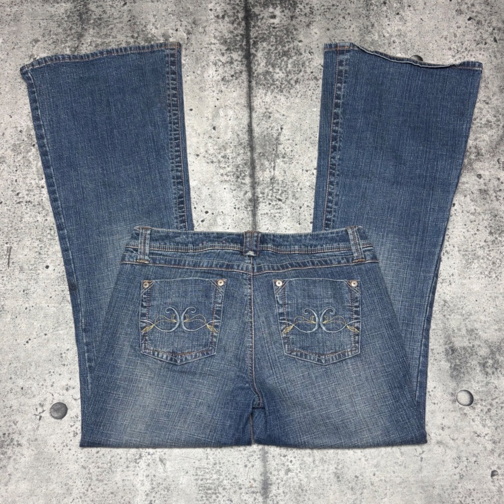 Candies Womens Low Rise Flare Jeans Medium Wash Embroidered Blue Size 7